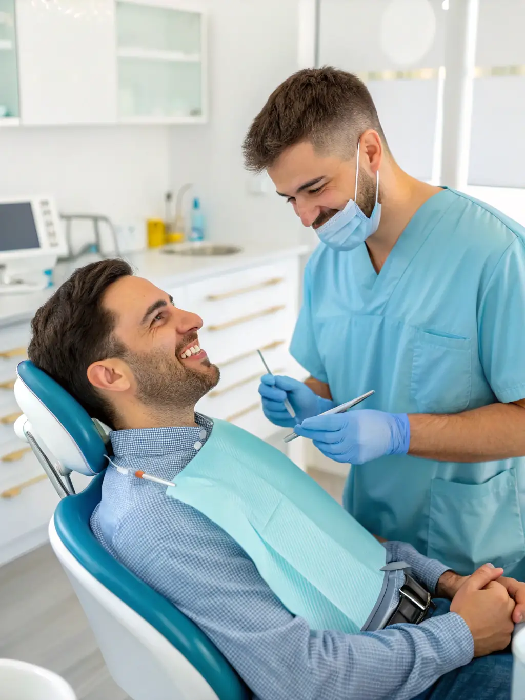 A modern dental hygiene practice in Haarlem, North Holland, with a friendly hygienist smiling at the camera while assisting a patient.