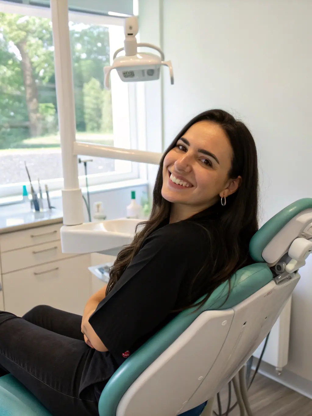A smiling patient leaving a dental clinic in Amsterdam after a successful appointment.