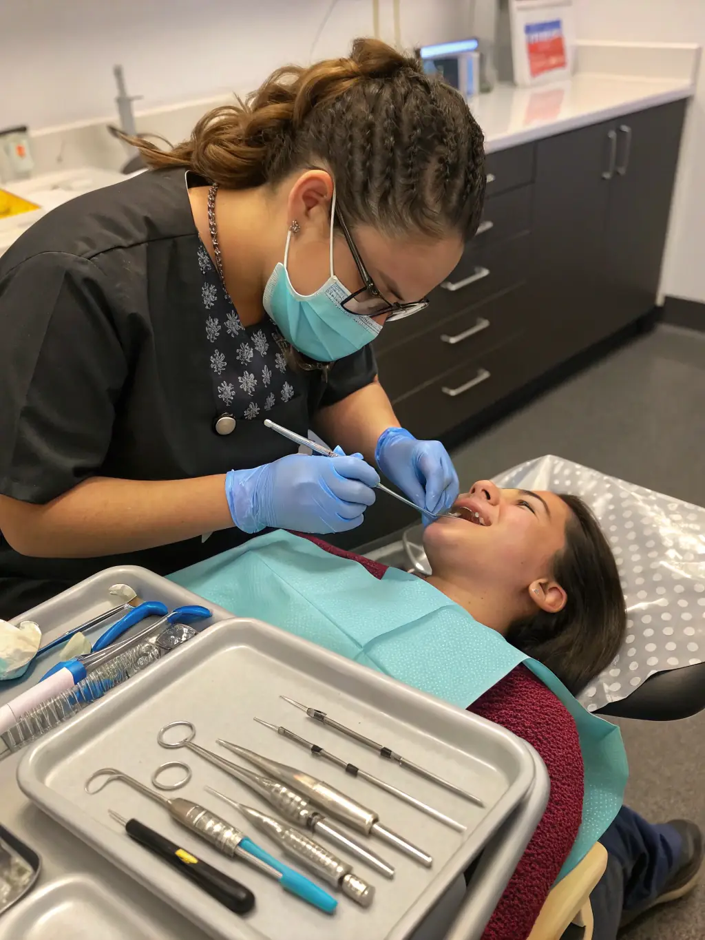 A dental hygienist performing a routine cleaning on a patient in a well-lit Amsterdam dental office.