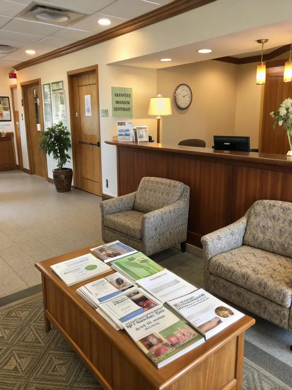 A modern dental clinic reception area in Amsterdam, with a friendly receptionist and comfortable seating.